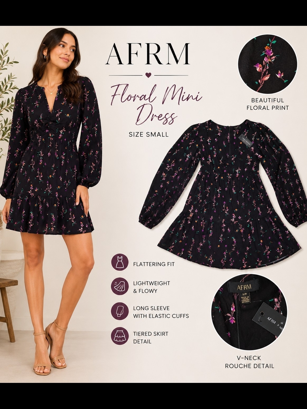 NWT AFRM x Nordstrom Black Floral Long Sleeve Tiered Mini Dress Small